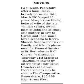 Notice Gallery for MARGIE MEYERS